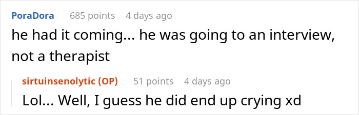 Screenshot of a Reddit comment thread discussing a guy who walks into a job interview with a high chance of getting hired but blows it quickly.