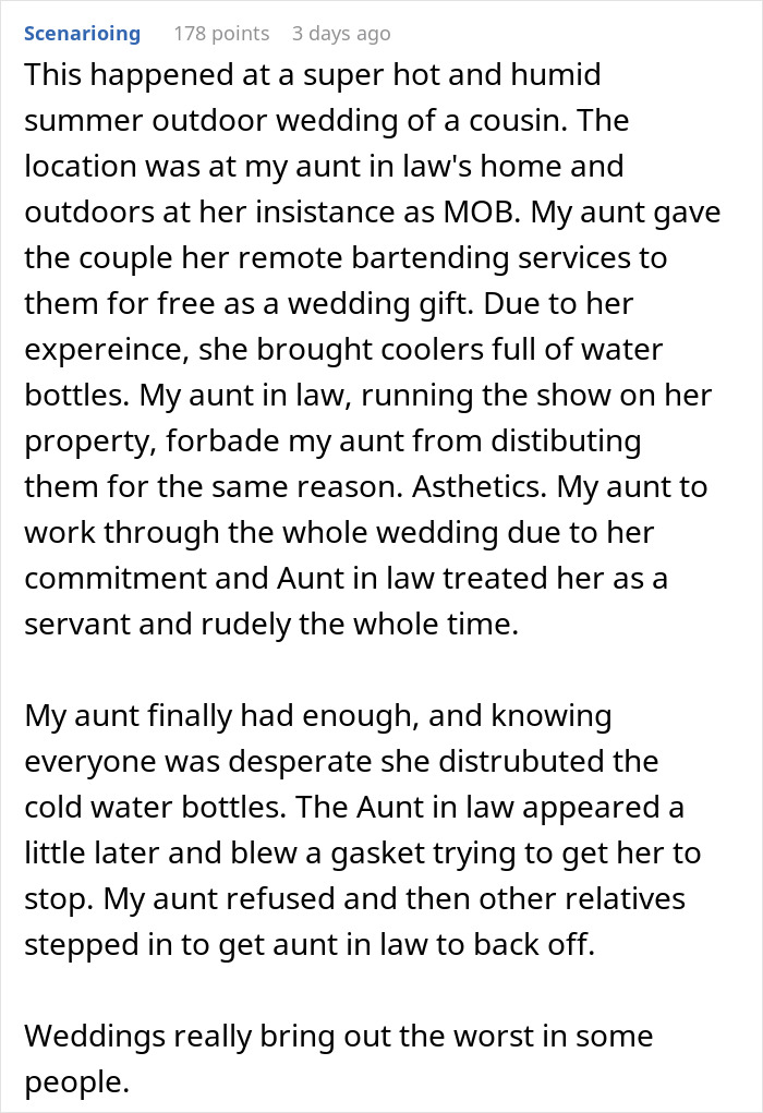 Text post detailing a bride banning water bottles for aesthetics at a 102°F outdoor wedding causing guest discomfort. Text post detailing a bride banning water bottles for aesthetics at a 102°F outdoor wedding causing guest discomfort.