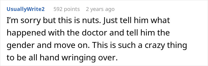 Comment discussing a husband upset about wife possibly spoiling the gender of their baby, advising honesty and moving on.