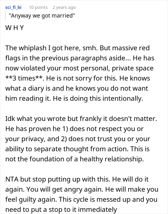 Commenter discussing a man reading his wife's diary behind her back, highlighting violations of privacy and trust issues. Commenter discussing a man reading his wife's diary behind her back, highlighting violations of privacy and trust issues.
