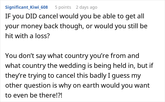 Reddit comment questioning refund policy and location after bride tries to cancel guest’s resort room out of spite. - 30