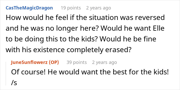 Screenshot of a discussion about a guy and new wife trying to erase late wife from kids’ lives and aunt's refusal. Screenshot of a discussion about a guy and new wife trying to erase late wife from kids’ lives and aunt's refusal.