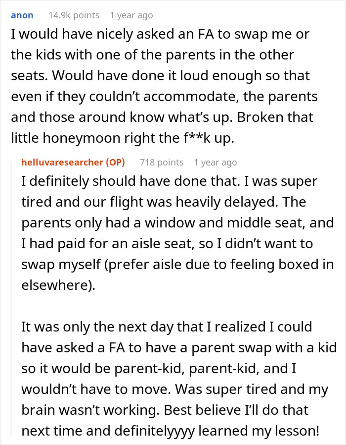 Reddit users discuss woman blamed for rowdy kids on flight while parents behind her drank and caused disruption. - 17