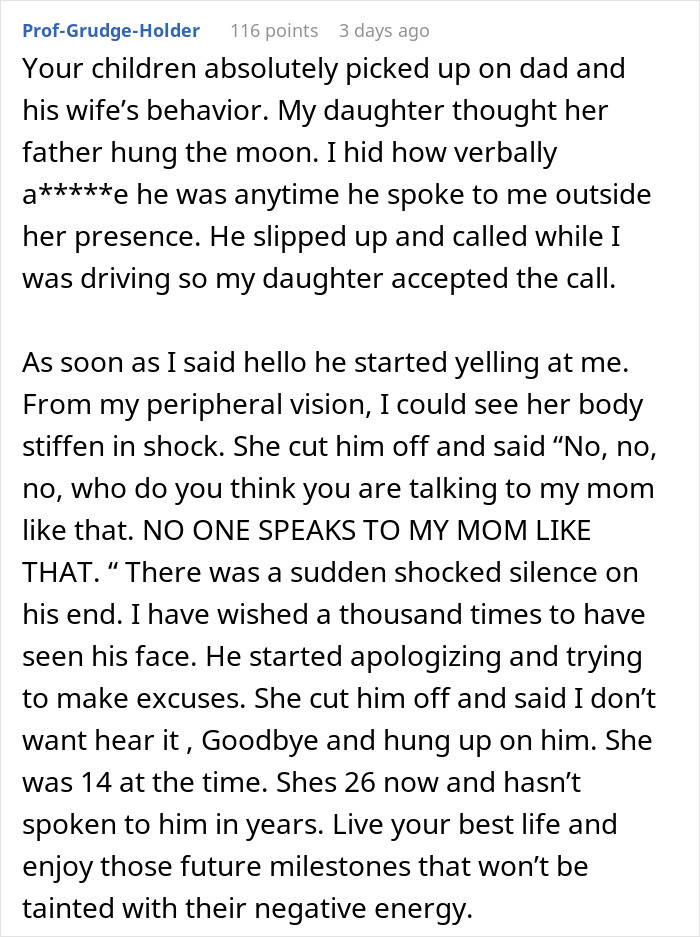 Comment discussing how children choose no-contact after dad destroys marriage and blames his ex.