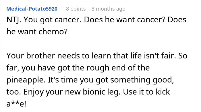 Comment text discussing a girl who survives cancer and accepts a prosthetic leg, mentioning her brother and life's unfairness.