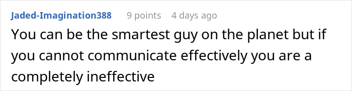Comment about the importance of effective communication, highlighting a guy walking into a job interview with a high chance of getting hired but blowing it quickly.