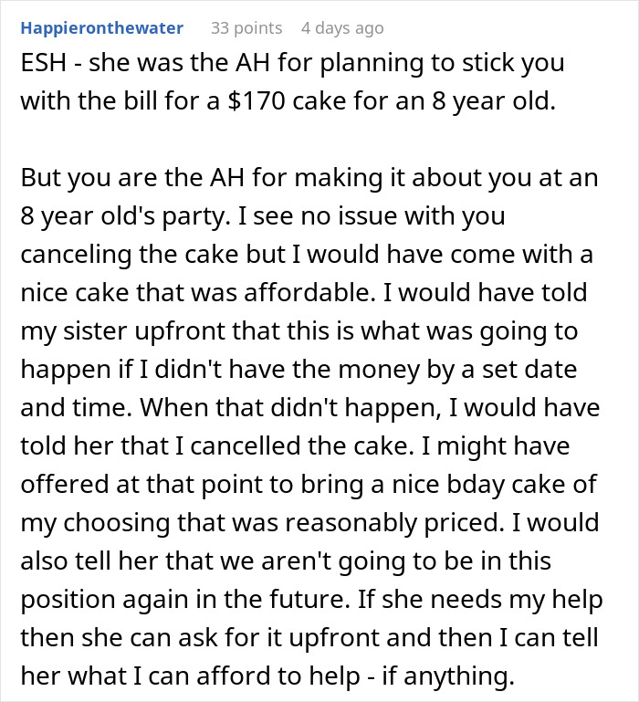 Comment discussing drama over a sister asking an aunt with no kids to pay for an expensive birthday cake. - 22