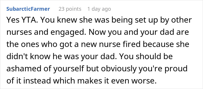 Comment discussing a new nurse fired after false accusations of an affair with a family member in a nursing workplace conflict. Comment discussing a new nurse fired after false accusations of an affair with a family member in a nursing workplace conflict.