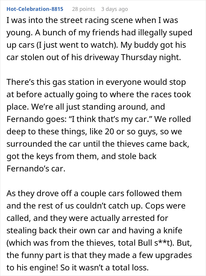 Text post describing a story about car thieves stopped by a group tricking them into abandoning a getaway car. - 25