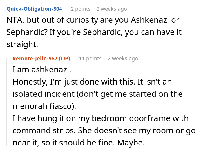 Screenshot of a Reddit conversation about Jewish traditions triggering OCD and tension between roommates discussing Ashkenazi heritage.