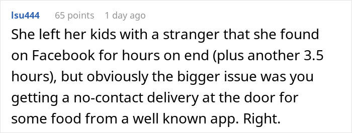 Comment discussing order DoorDash food delivery while babysitting and no-contact drop-off concerns. Comment discussing order DoorDash food delivery while babysitting and no-contact drop-off concerns.