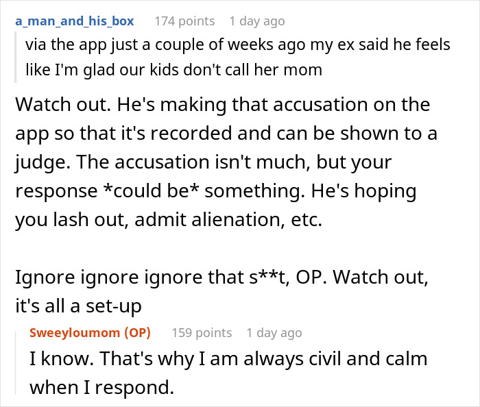 Screenshot of a Reddit conversation where a woman discusses her calm response to her ex-husband’s accusations on an app. - 30