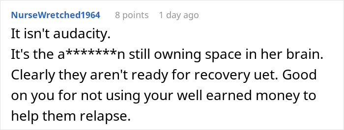 Comment text explaining refusal to lend money to a grifter neighbor accused of starving her baby, expressing support for the decision.