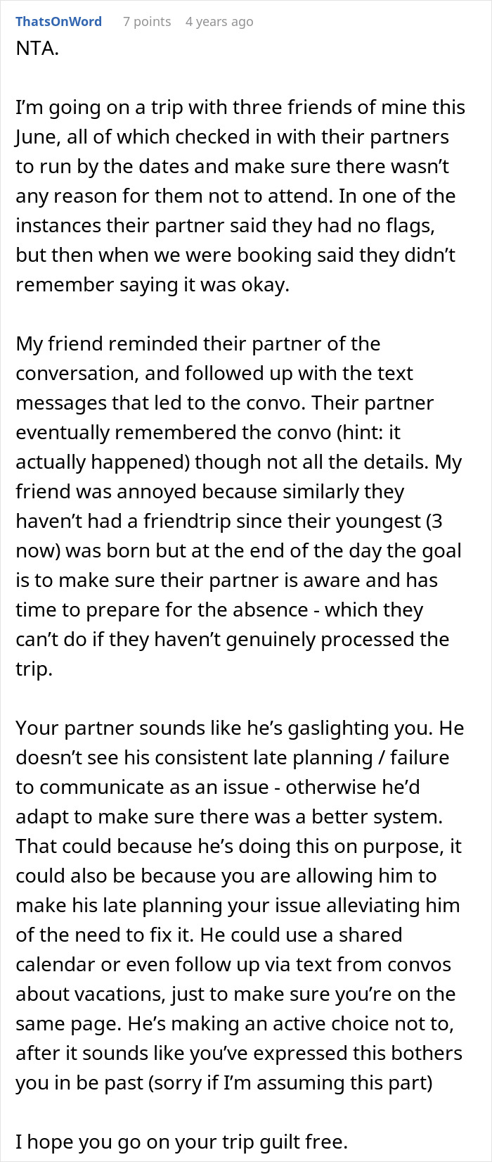 Comment discussing a man canceling his girlfriend’s plans to go on a cycle trip instead of watching his daughter. Comment discussing a man canceling his girlfriend’s plans to go on a cycle trip instead of watching his daughter.