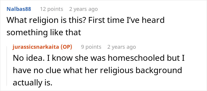 Screenshot of a Reddit conversation discussing disbelief in dinosaurs and questioning religious background related to Jurassic Park.