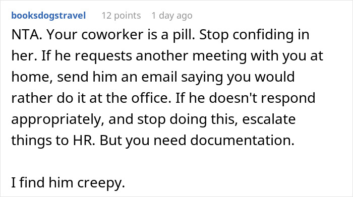 Comment screenshot showing advice for a single mom uncomfortable with her boss showing up at her home, urging documentation.