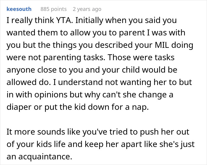 Screenshot of a Reddit comment discussing overprotective parenting and letting in-laws help with baby care.
