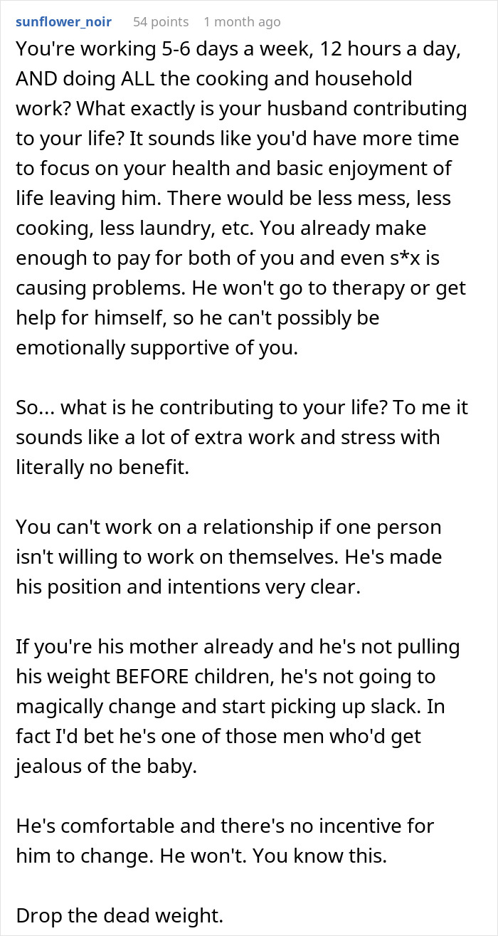 Text of a social media comment discussing husband demands, marriage struggles, and the wife giving divorce papers instead. - 33