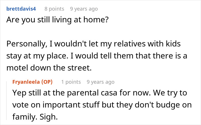 ALT text: Reddit conversation about family conflict involving relatives demanding free childcare and causing stress at home - 20