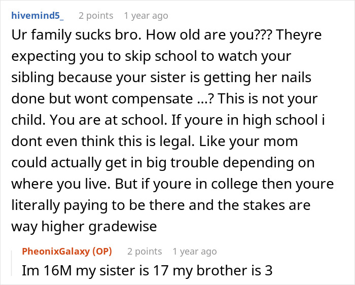 Reddit discussion about teen asking to be paid for babysitting while mom has a nail appointment controversy.