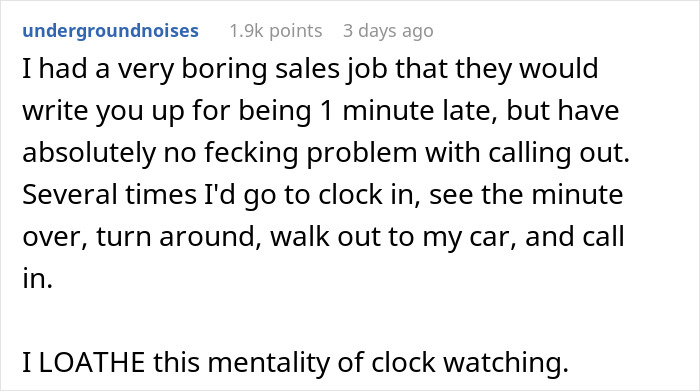 Text post about frustrated experience with strict penalty for being late, highlighting same penalty for being 6 minutes late or 3 hours late.