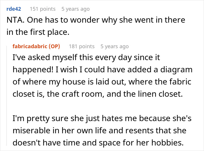 Reddit conversation about woman upset over beloved $25 yard fabric ruined by guest's kids and facing mockery for replacement request. - 29