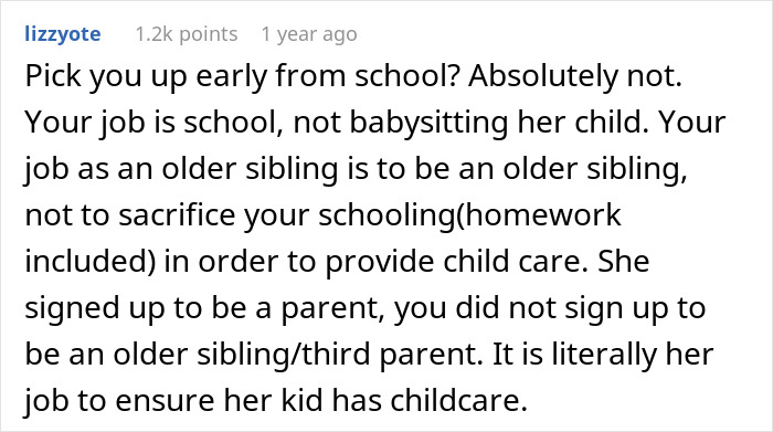 ALT text: Reddit comment discussing teen babysitting and parental responsibilities sparking mom furious reaction about nail appointment.