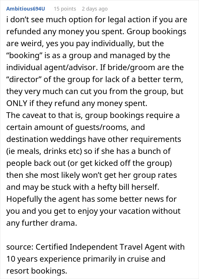 Comment discussing group resort bookings and the complications when a bride tries to cancel a guest’s room out of spite. - 26
