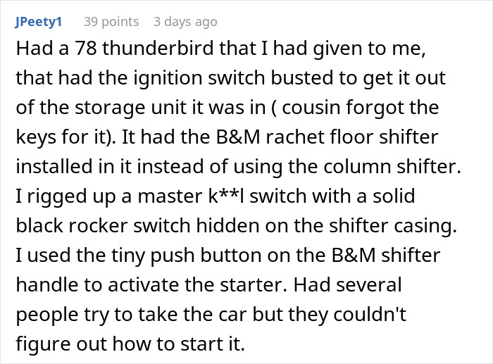 Screenshot of a user sharing a story about car thieves stopped by a clever trick involving a hidden starter switch. - 23