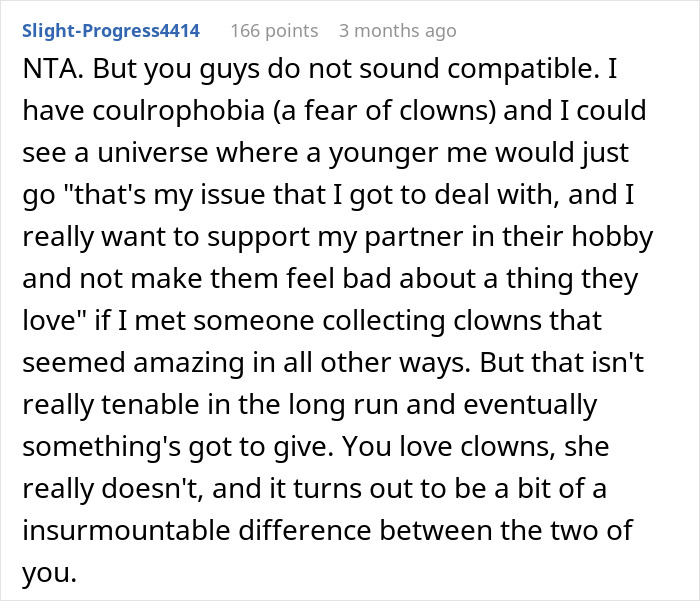 Comment discussing courophobia and relationship challenges when a guy adores his huge clown collection. Comment discussing courophobia and relationship challenges when a guy adores his huge clown collection.