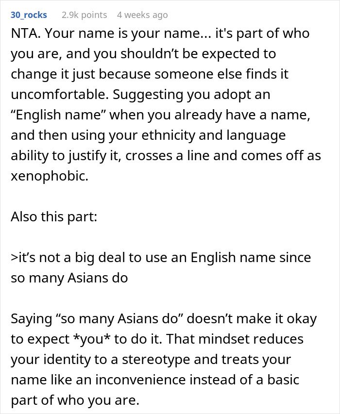 Reddit comment discussing borderline racism faced by a Korean woman told to change her name for a coworker’s comfort. Reddit comment discussing borderline racism faced by a Korean woman told to change her name for a coworker’s comfort.