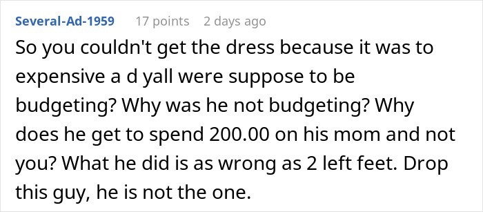 Comment on jerk boyfriend deciding to humble girlfriend by buying her dream gift for someone else, highlighting unfair spending. - 45