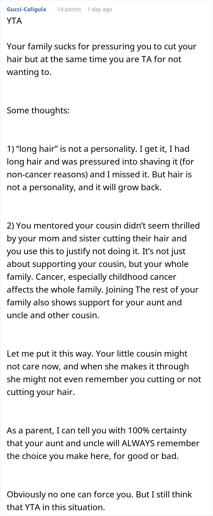 Teen boy refuses to shave head, causing family upset while supporting young cousin with cancer together.