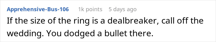 Screenshot of a Reddit comment discussing how the size of a proposal ring can be a dealbreaker in relationships. Screenshot of a Reddit comment discussing how the size of a proposal ring can be a dealbreaker in relationships.
