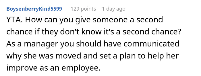 Screenshot of a Reddit comment discussing consequences of not telling a friend she was getting fired leading to her super fired.