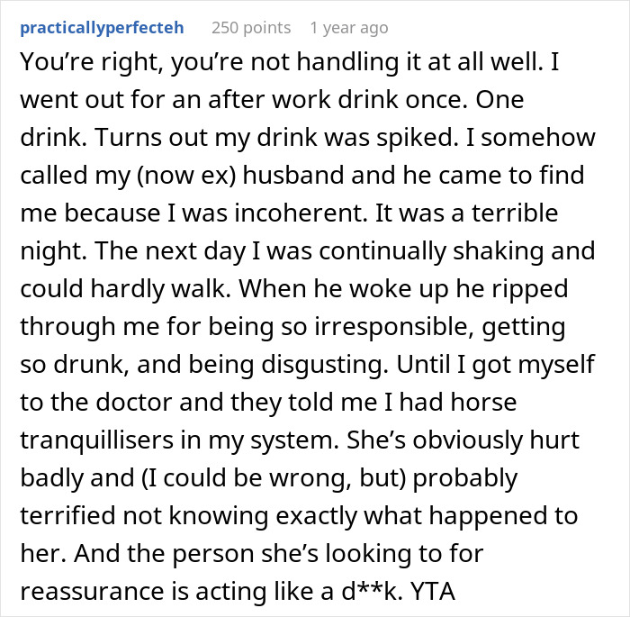 Comment discussing a man losing it after fiancée gets drunk and injured, leading to breakup plans and conflict. - 20