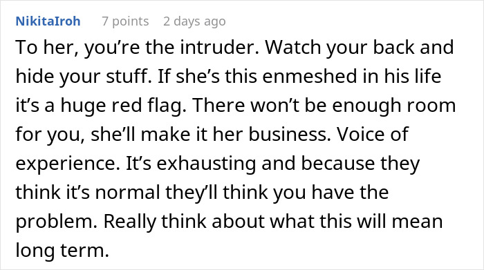 Comment about fiancee upset over mother-in-law having house key, warning about boundaries and relationship red flags. - 40