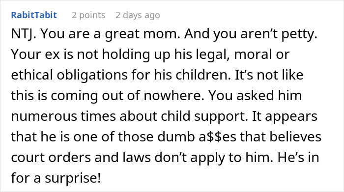 Screenshot of an online comment discussing a man facing legal consequences as a deadbeat dad for ignoring child support obligations.