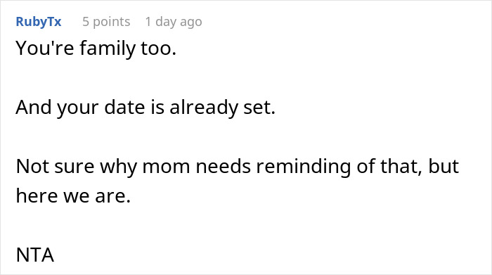 Comment discussing a bride refusing to move her wedding date despite sister possibly being pregnant, stating date is set. - 26