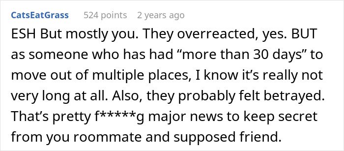 Reddit comment about not telling roommate about buying a house until closing, discussing feelings of betrayal and timing.