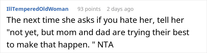Comment on Reddit about family conflict, referencing frustration with golden child stealing brother&rsquo;s gifts and birthday issues.