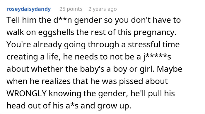 Screenshot of a comment discussing a husband&rsquo;s reaction to the wife possibly spoiling the gender of their baby.