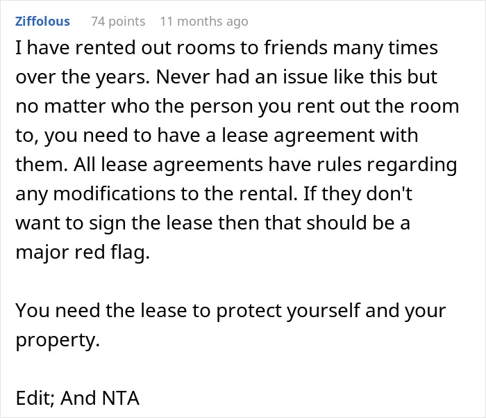 User comment discussing the importance of lease agreements to protect property and prevent unauthorized remodel plans.
