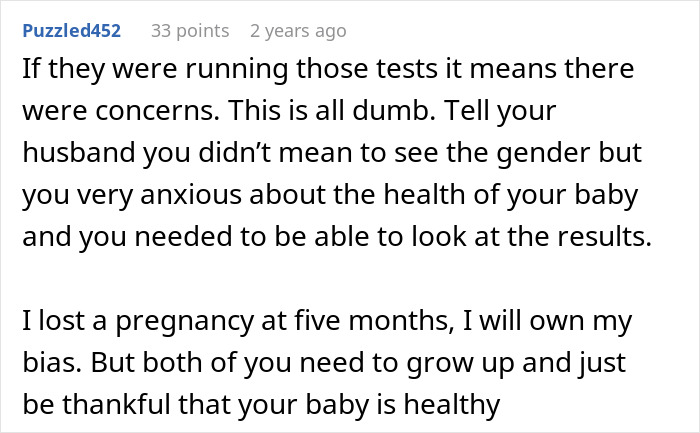 Comment discussing husband throwing a fit over wife possibly spoiling the gender of their baby and pregnancy concerns.