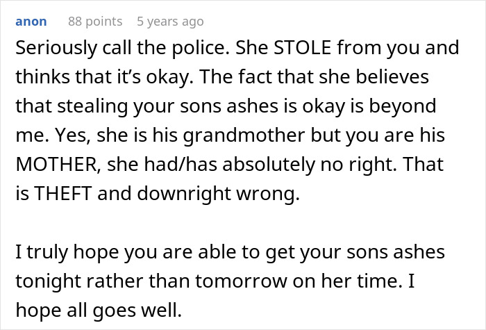 Comment discussing family drama after grandmother steals grandson&rsquo;s ashes, calling it theft and emphasizing emotional impact.