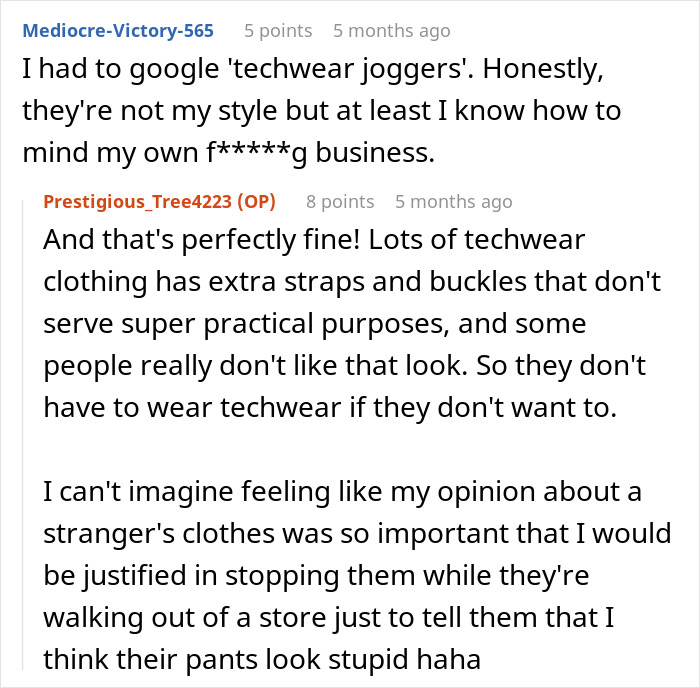 Online comment thread showing a boomer complaining about stranger’s pants and reacting to the unexpected response. - 21