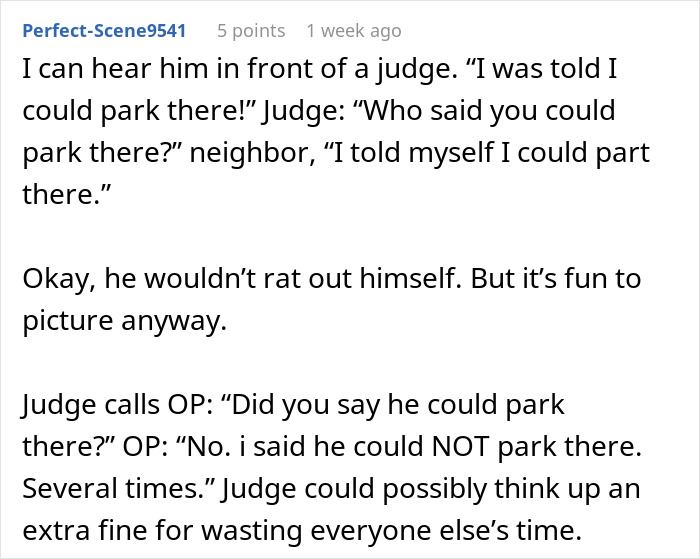 Man claims favor by not moving car in property dispute but causes problems with property shepherd and neighbors.