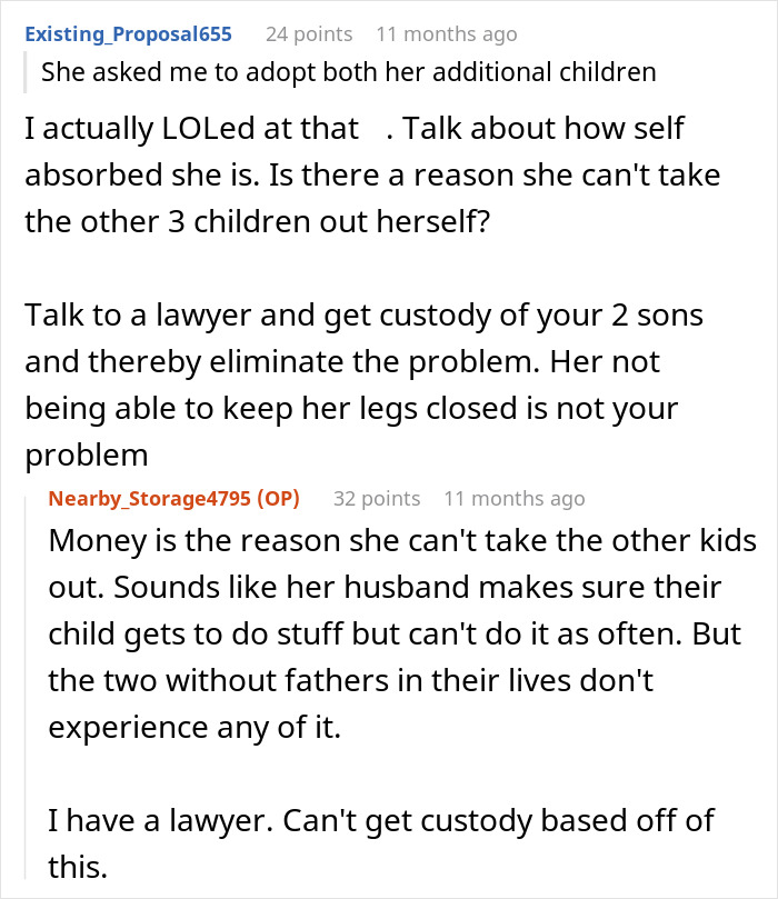 Online discussion about woman cheats on partner and issues of shared care for her children with other men.