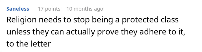 Screenshot of a user comment discussing religion in relation to a custodian refusing to empty feminine hygiene waste bins.