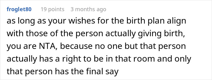 Comment discussing birth plan rights and the woman upset SIL taking her daughter away and causing a tantrum.